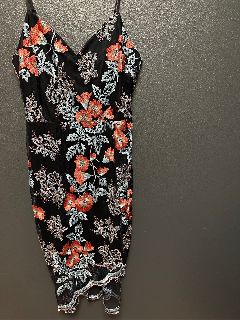 Guess Black Midi Dress with Coral & Light Blue Floral Embroidery